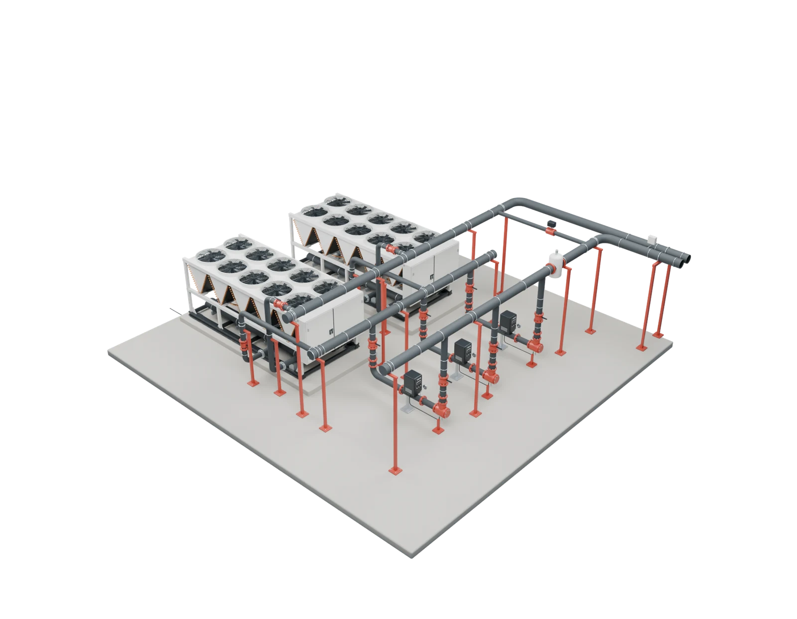 Modelo de planta de agua helada con dos chillers, bombas y circuito hidráulico