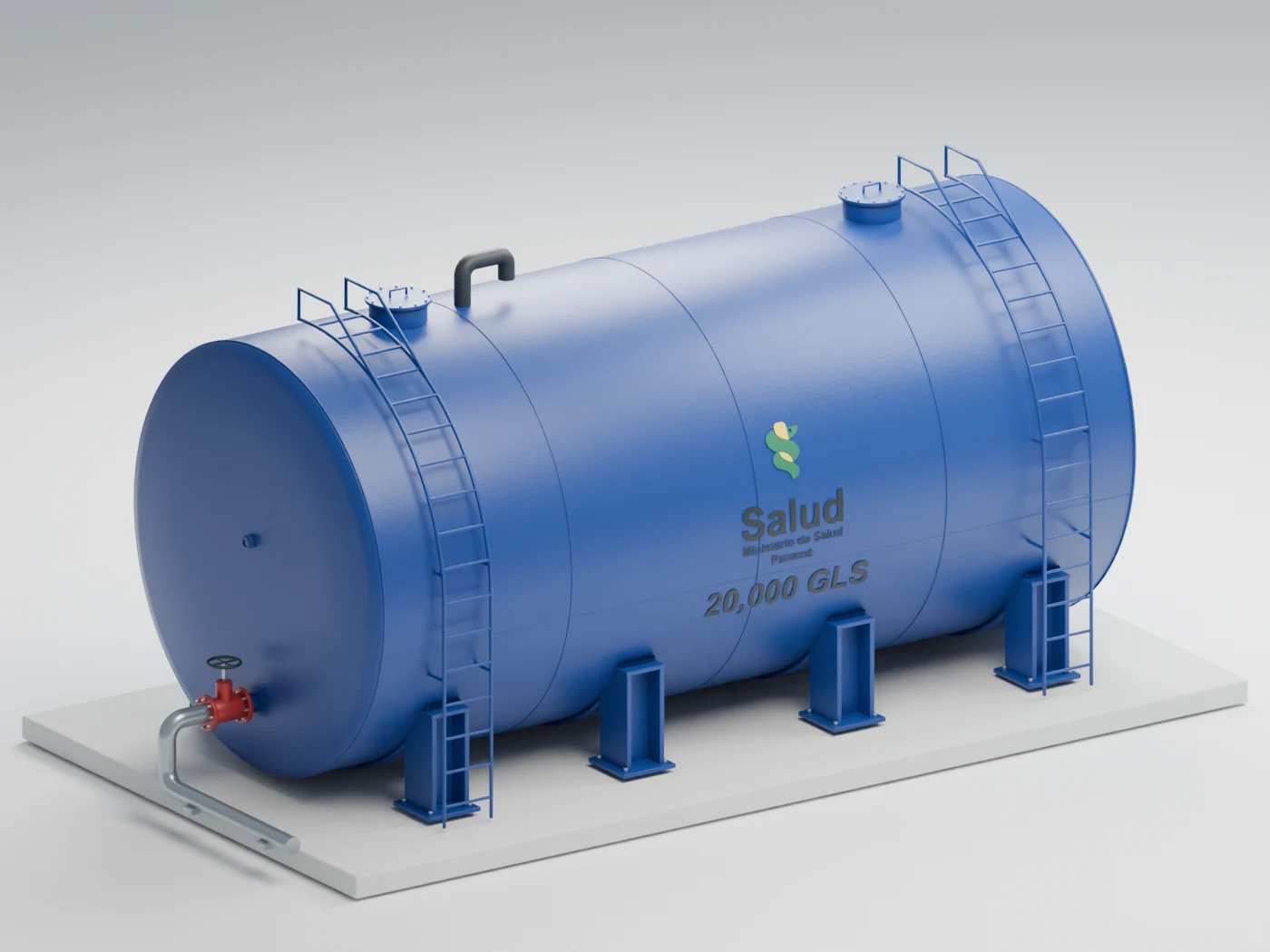 Render de tanque de reserva de agua con conexiones y estructura de soporte
